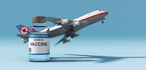 Concept for the worldwide delivery of COVID-19 coronavirus vaccine by plane. 3d rendering