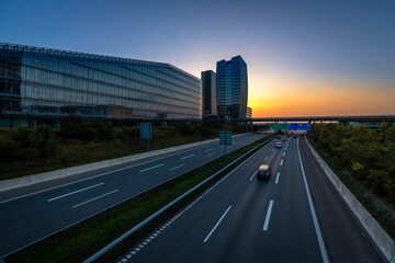 Motorway near the airport in Copenhagen, Denmark at sunset