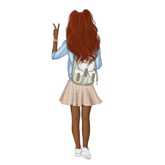 Red Hair African American Girl With Backpack Hand Drawn Illustration	
