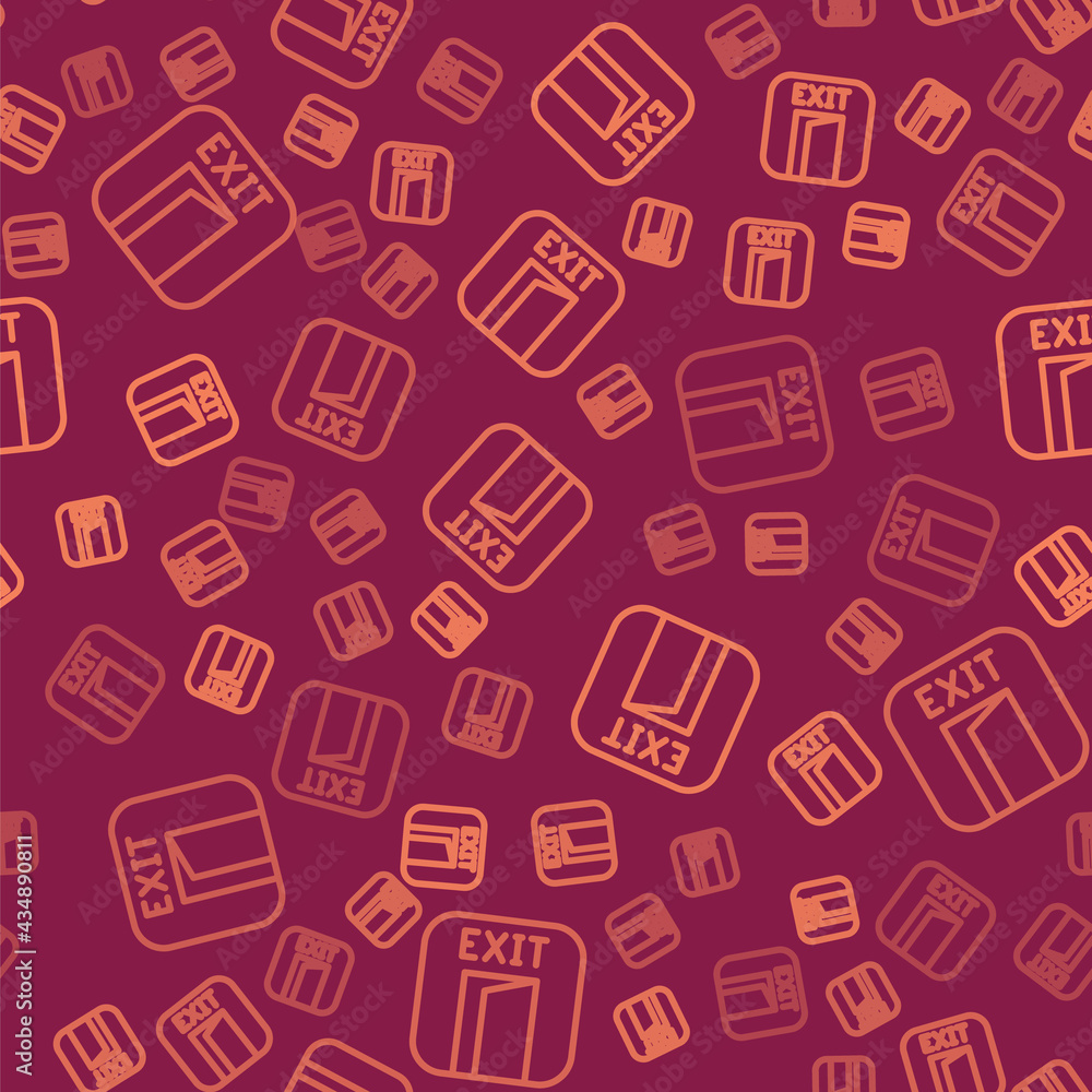 Poster brown line fire exit icon isolated seamless pattern on red background. fire emergency icon. vector