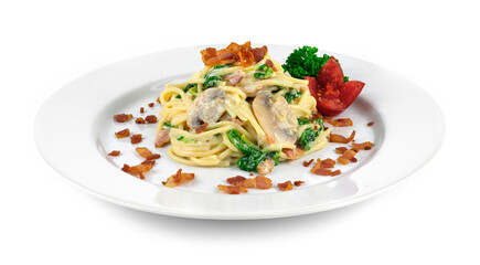 Spaghetti Spinach with Cream Sauce, Cheese,Champignon Mushroom and Bacon Italian Food