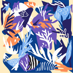 Fototapeta na wymiar Beautiful coral and sea fish pattern designs for fabrics and wall painting prints. Design background for invitation card graphics and coral posters. Vector drawing and illustration.