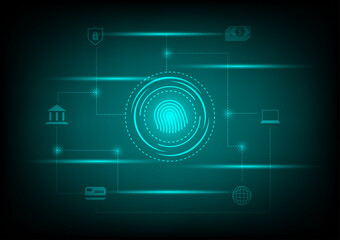 Business and security concept. Fingerprint security with the bank, credit card, laptop, an icon for protecting money on the green line, and dot technology background.