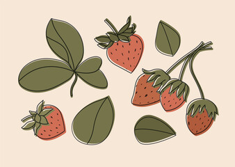 Vector illustration set of strawberries isolated on beig background. Horizontal contemporary art for print, social media, posters, postcards.