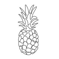Continuous one line drawing pineapple. Vector illustration. Black line art on white background. Cartoon pineapple isolated on white background.  Vegan concept