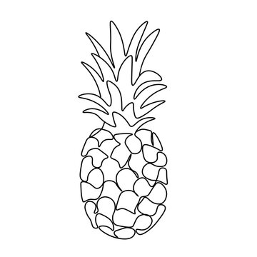 Continuous one line drawing pineapple. Vector illustration. Black line art on white background. Cartoon pineapple isolated on white background.  Vegan concept