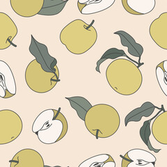 Vector illustration seamless pattern with green apple. Colorful summer wallpaper. Apples fruits collection.