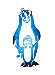 Baby and mother together illustration. cute animals. Penguins parent and child. Mixed media. Vector illustration