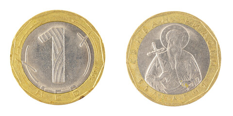 One bulgarian Leva coin isolated on a white background - obrazy, fototapety, plakaty