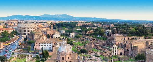 Fototapeta na wymiar Panoramic view of Rome town with Colosseum and Roman Forum, Rome, Italy.