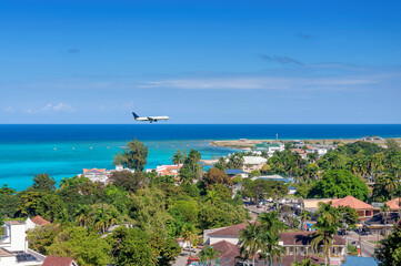 Aerial view of tropical Caribbean island of Montego Bay, Jamaica island.