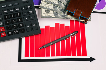 Calculator, chart and dollars in wallet on the desktop. Graph of profit growth, money making and...