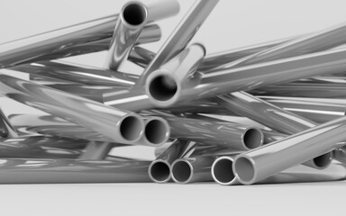 Stainless steel pipes, pile rolled metal products on white background. Straight galvanized or pvc...