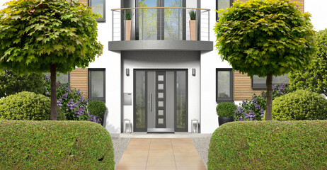 Modernes weißes Einfamilienhaus mit Haustür mit Seitenteilen, Balkon und Vorgarten - 3D rendering CGI - obrazy, fototapety, plakaty