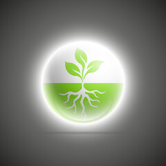 organic luminous sphere, Young plant shoots with roots button icon for ecological topics. Natural logo. Organic badge