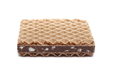 Hazelnut chocolate wafer slice, bar isolated on white background