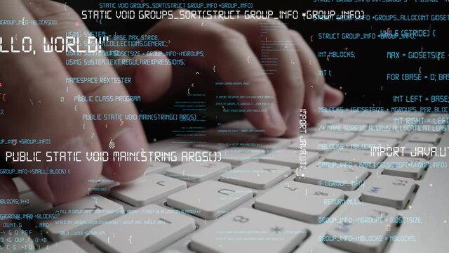 Creative visual of computer programming coding and software development shown by man working on computer keyboard with overlay of computer graphic displaying abstract program codes and computer script