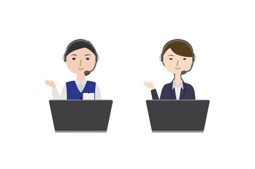 パソコンの前でヘッドセットを付けて案内している女性
