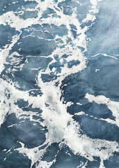 Watercolor drawing of sea waves. Sea foam. Beautiful sea splashes.