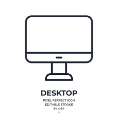 Desktop computer editable stroke outline icon isolated on white background flat vector illustration. Pixel perfect. 64 x 64.