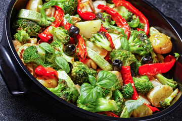 Vegetable and chicken bake, top view, close-up