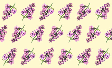 Seamless pattern of lilac twigs with closed buds on a yellow background