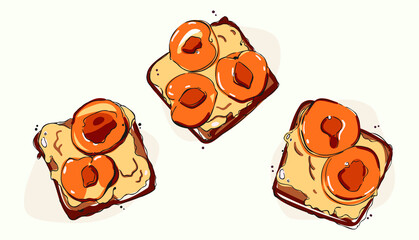 A set of three illustrations of hot breakfasts. Sandwiches for the morning. Delicious snacks. Images of delicious instant food. Peaches with cheese on bread. Fruit toast.
