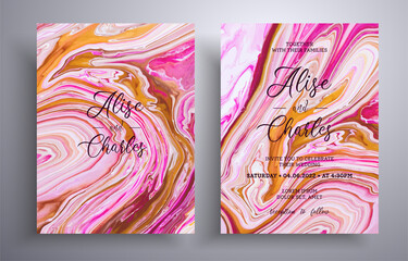 Modern collection of wedding invitations with stone texture. Agate vector covers with marble effect and place for text, pink, golden and brown colors. Designed for greeting cards, brochures and etc.