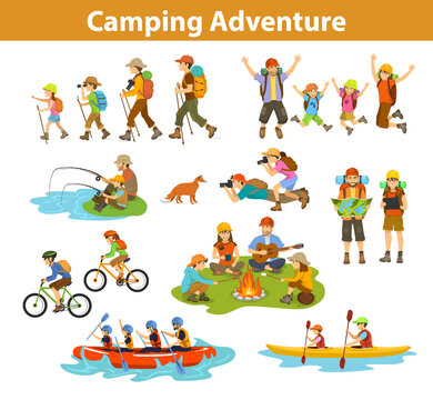 Family, couple, children camping, rafting, hiking, sitting at campfire, make photos of animals, kayaking, mountain biking, planning trip looking at map and tablet, jumping, fishing. 