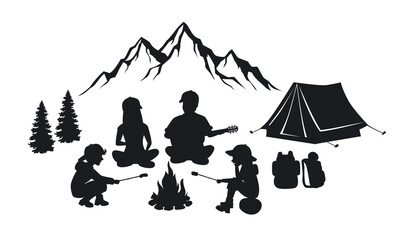 Family sit around campfire silhouette scene with mountains, tent and pine trees. People camping outdoor
