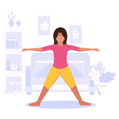 Fototapeta premium A woman practices yoga at home in an apartment. Yoga pose. The concept of prevention and healthy lifestyle. Flat. Cartoon style. Vector