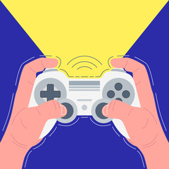 Hands holding white gamepad. Gamer plays. Vector illustration.