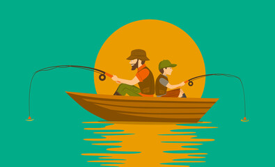 father and son fishing on boat on a lake