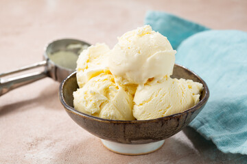 Close up of scoops gelato in bowl on light table
