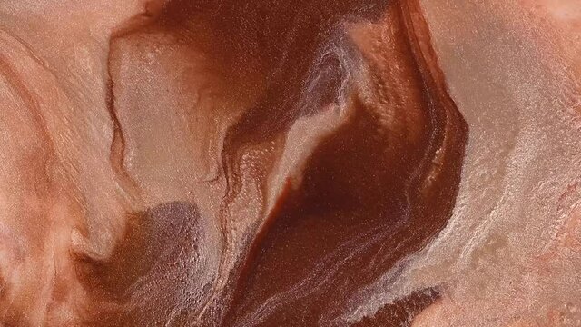 Fluid art painting video, modern acryl texture with flowing effect. Liquid paint mixing artwork with splash and swirl. Detailed background motion with brown, beige and chocolate overflowing colors.