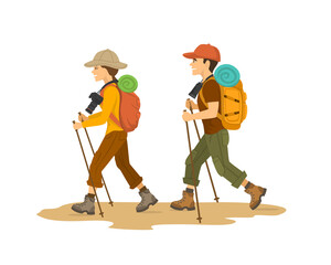 man and woman, couple hikers traveling trekking with backpacks isolated vector illustration