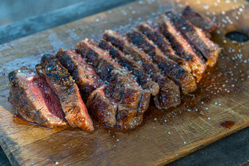 Cooking fresh marbled beef steak at a picnic. Outdoor cooking. Vacations