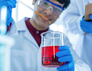 Asian chemist working in lab near colleague