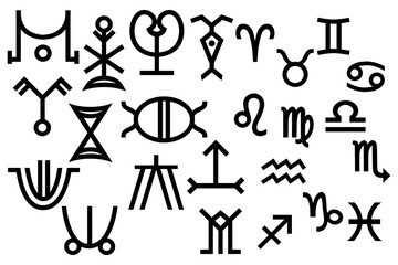 High circle zodiac signs set on white background. Horoscope basis black and white