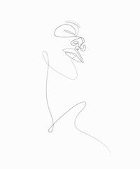 Nude woman face abstract silhouette, continuous line drawing, small tattoo, print for clothes and logo design, emblem or logo design, isolated vector illustration. 