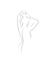 Nude woman face abstract silhouette, continuous line drawing, small tattoo, print for clothes and logo design, emblem or logo design, isolated vector illustration. 