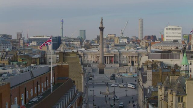 Aerial Drone View Over London Tracking Across Whitehall Looking Towards Nelson's Column And Trafalgar Square