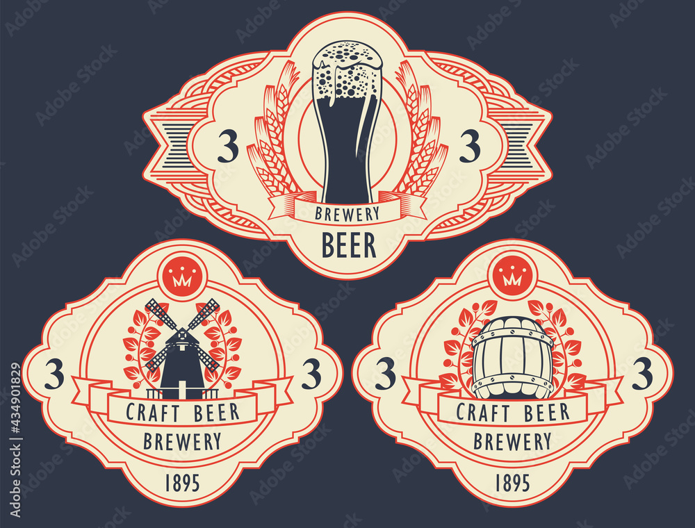 Poster set of three labels for brewery craft beer in figured frames in retro style. vector labels with an o