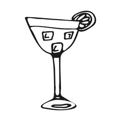 Cocktail. Alcoholic and non-alcoholic drink. Doodle style, rough drawn simple outline, bar menu. Vector drawing in dark colors.
