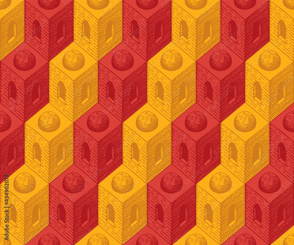 Poster hand-drawn seamless pattern with architectural elements. repeating vector texture with 3d constructo