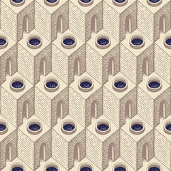 Seamless pattern with hand-drawn 3D architectural elements in op art style. Repeating vector texture with many identical rooms with round dark openings in the ceiling. Abstract geometric background