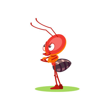 The angry ant stands in thought. Cartoon character orange insect vector illustration isolated on white background