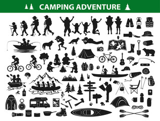 camping hiking silhouette collection set. people trekking, navigating, sitting at campfire tent, kayaking, rafting, fishing, mountain biking. Campsite gear, equipment, accessories: backpack
