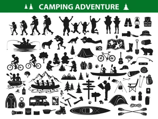 Foto op Plexiglas camping hiking silhouette collection set. people trekking, navigating, sitting at campfire tent, kayaking, rafting, fishing, mountain biking. Campsite gear, equipment, accessories: backpack © VecTerrain