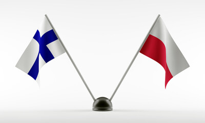 Stand with two national flags. Flags of Finland and Poland. Isolated on a white background. 3d rendering